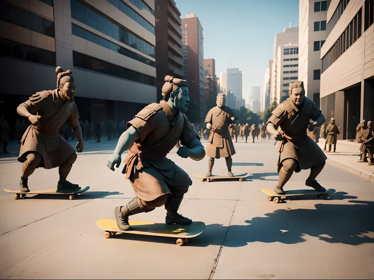 The main stone statue of the terracotta warriors skateboarding sideways at the foot of the block，Perfectcomposition，8K，Facial restoration details