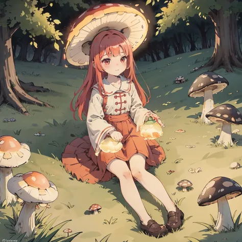 Beautiful and aesthetic,, Solo,Cute,Bright red hair,pleatedskirt，lying on the grass ground，Cogumelos，Mushrooms，Huge mushrooms，spore，(glowing ambiance, enchanting glow, luminouslighting, Ethereal atmosphere,Watercolor illustration, Perfect anatomy, Masterpi...