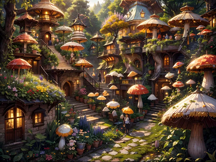 (best quality,4k,8k,highres,masterpiece:1.2),ultra-detailed,(realistic,photorealistic,photo-realistic:1.37),an otherworldly city,a city of the small ones,aerial view,ultra wide angle,ultra wide shot,countless mushroom houses,unique mushroom houses,mushroom...