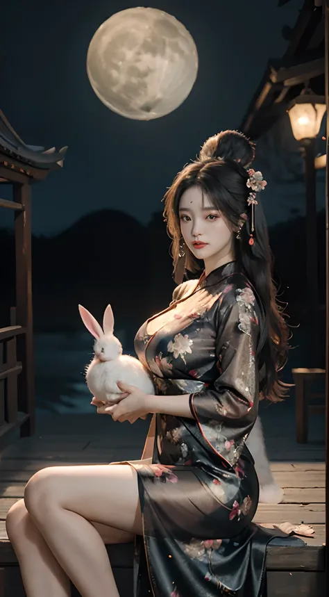 Change，(((Hanfu)))，(((period costume)))，Tang and Song court costumes，(((Huge Moon)))，sitted，Hold one(((Big rabbit)))，Skysky，Sit Pose，Top CG，Highest image quality，tmasterpiece，Delicate and delicate beautiful girl，(Tall and tall)，Royal Sister，Queen temperame...