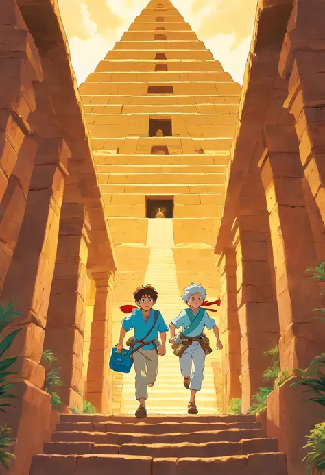 two treasure hunters inside a pyramid running from a mummy