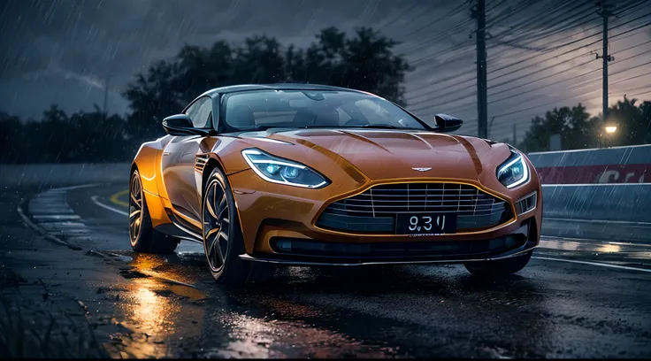 (8k, RAW photo, best quality, masterpiece:1.2), (realistic, photo-realistic:1.37), (full body:1.3) (detailed), (highres), high angle shot 3/4 view aston martin db11 wagon driving on a race track, stormy weather, (wet:1.2), 8k uhd, high quality,cinematic,(r...