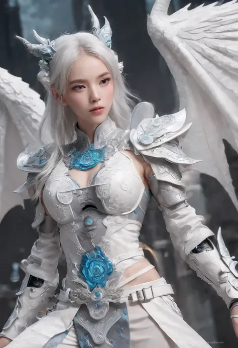 Cirilla Fiona Elen Riannon，Excellent picture quality，Outstanding details，超高分辨率，（Fidelity：1.4）, Prioritize details，Split close-up，Ride the dragon，High-tech robot dragon knight，He has a gentle and beautiful face，（（Blue and white flying semi-mechanical fusela...