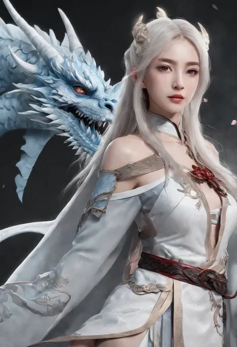 Cirilla Fiona Elen Riannon，Excellent picture quality，Outstanding details，超高分辨率，（Fidelity：1.4）, Prioritize details，Split close-up，Ride the dragon，High-tech robot dragon knight，He has a gentle and beautiful face，（（Blue and white flying semi-mechanical fusela...