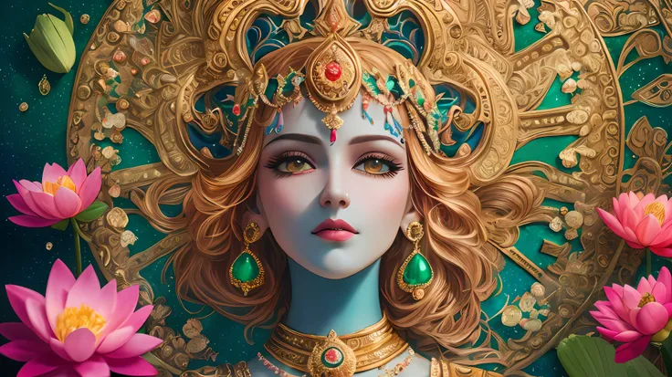 Masterpiece, best quality, (very detailed CG unified 8k wallpaper), (best quality), (best illustration), (best shadow), Oil painting, (masterpiece:1.1), dream like art, Photorealistic, inspired by Raja Ravi Varma, Indian mythology, God vishnu, His dark bod...