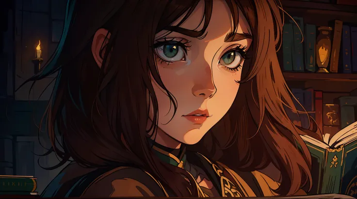 Uma bela mulher de olhos verdes e cabelos castanhos longo ondulado (brown hair) (Detailed strokes) Princess eyes Sexy curvy eyelashes A wooden wall background with bookcases Expressive drama with a sad look of concern An art for an RPG A medieval art for a...