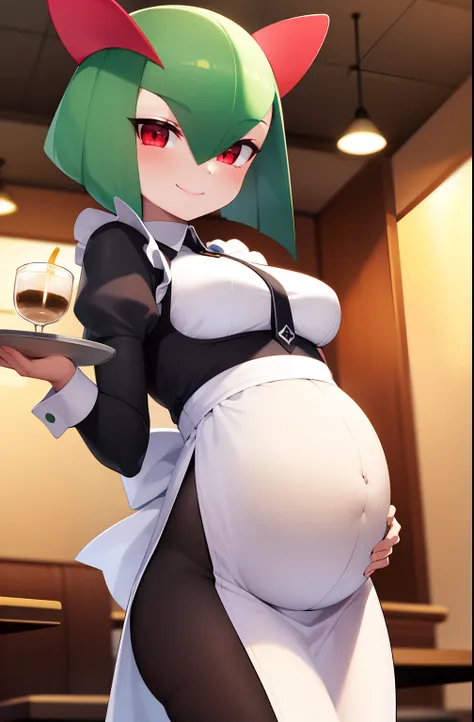 masterpiece, best quality, 1 girl, solo, kirlia, green hair, red eyes, female breasts, medium breasts, in a restaurant, smiling, maid uniform, black clothes, pregnant, carries a tray under her arm.