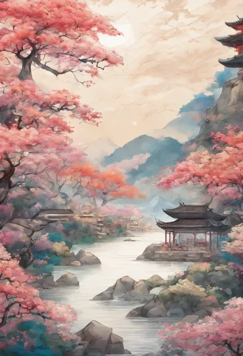 Field with beautiful flowers (close-up cleavage), meditate, Zazen, A meditative (Chinese landscape painting), (ink and watercolor painting), (8k wallpaper), (Light and Shadow Effect), rendering by octane, White balance design, Extremely detailed image repr...