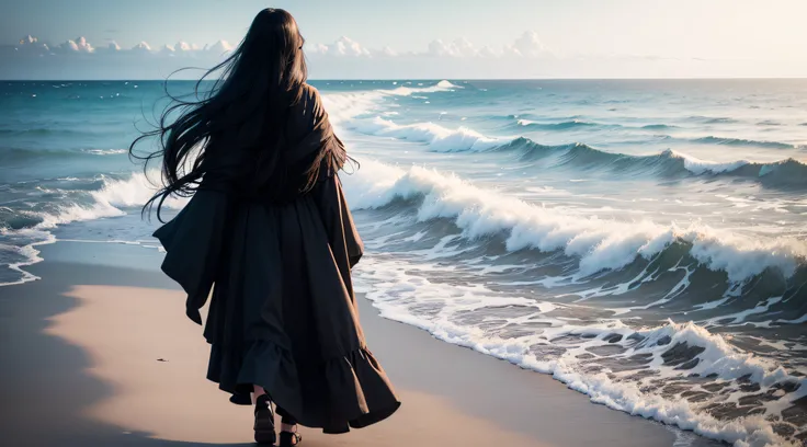 back of beautiful girl with long black hair walking by sea where the sea and sky meet at the horizon