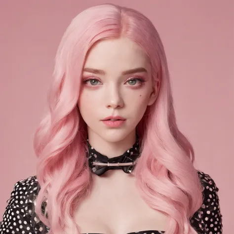 Girl，Polka-dot black stockings, Pink hair，Sleep in bed，Wear a polka-dot dress and tight stockings, with pink hair, ellie bamber, dressed anya taylor - joy, Long flowing pink hair, ava max, Sophie Turner Girl, ellie bamber fairy, Official product photo, any...