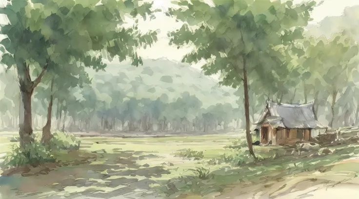 Watercolor painting , scence of BURMA(MYANMAR), small old hut beside river, a fishing boat in water,, trees, bright sun, shade,