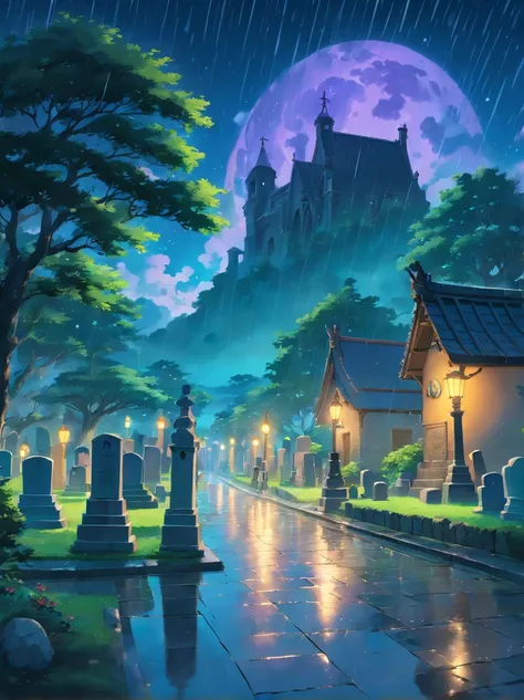 no people, no animals, spirits, ghosts, background, graveyard, tombstones, rain, night sky, starrysky, absurdres, high res, ultrasharp, 8K, masterpiece, blurry foreground