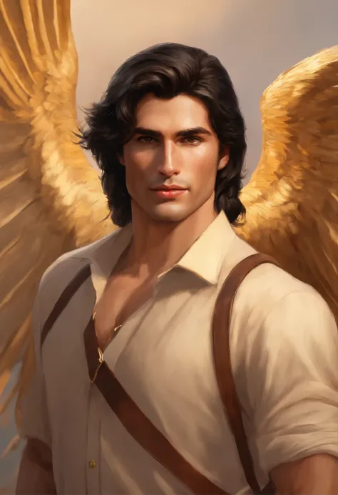 Young Caucasian bird guy, air manager. black hair of medium length, Stacked on one side. golden eyes. slight smile. stubble on the chin. Light-colored clothes. Large light brown wings behind the back. Birds tail. Light-colored clothes