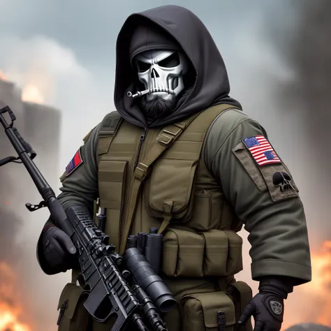 a bearded man wearing a mask with a punisher skull on it. he is wearing tactical military gear and a hood while holding a barret .50 cal