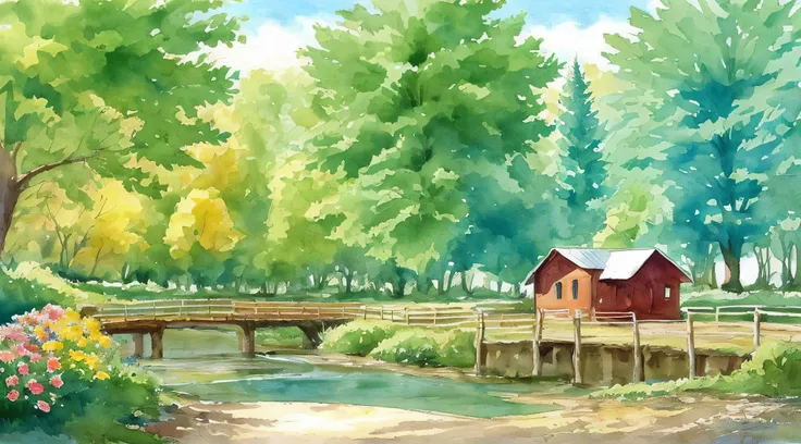 Watercolor painting of riverside scene , a fishing boat in water,, trees, flowers are blooming aside of fence,, sunset, best composition, masterpiece art work, color full, detailed watercolor painting