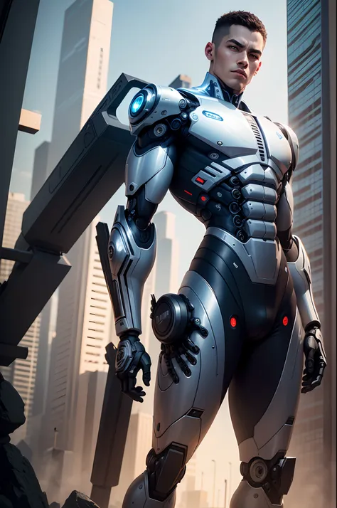 cyborg, man, athletic, robotic, kind face, standing