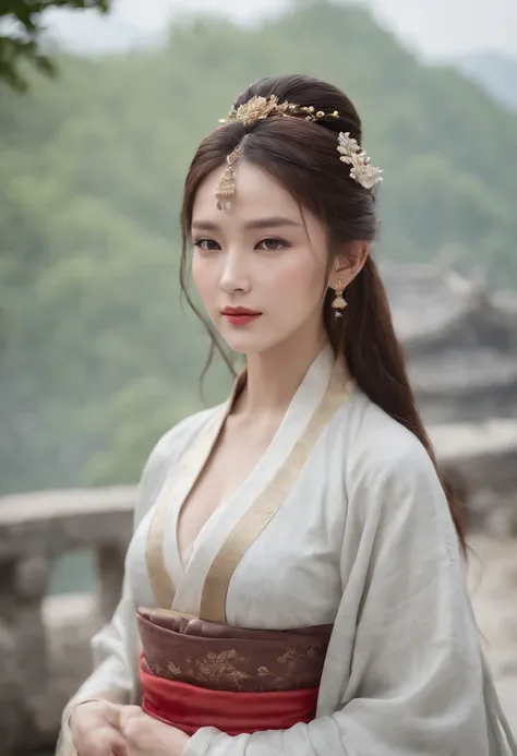 upper body,masterpiece, best quality,(photorealistic:1.4), highres, long hair, jewelry hairpin, large breast, riverside and rock or temple or bridge,
hanstyle, han clothing, hanfu, see-through,