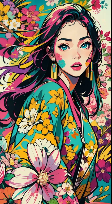 create digital artwork in the pop art style, featuring a vibrant and confident young asian girl，street fashion, movie color sche...