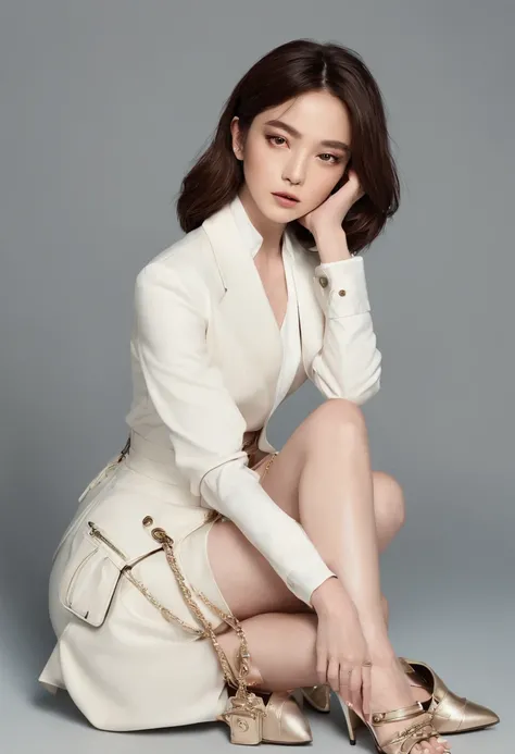 Alafi sat on the floor，Hold a wallet and shoes, stocklings，Milk Krystal, tiffany style, song hye - kyo, photoshoot, Stylish pose, Fashion magazine style, ICIN《Vogue》Magazine photo shoot, korean womens fashion model, in fashion style, Very stylish, vogue ph...