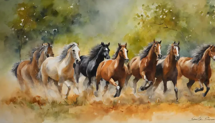 Nine horses，Nine Jun Diagram, watercolor colored painting, watercolor paiting, watercolor paiting, Watercolor painting, water color art on paper, watercolor on canvas, detailed watercolour, colorful watercolor painting, watercolour on paper, watercolor pai...