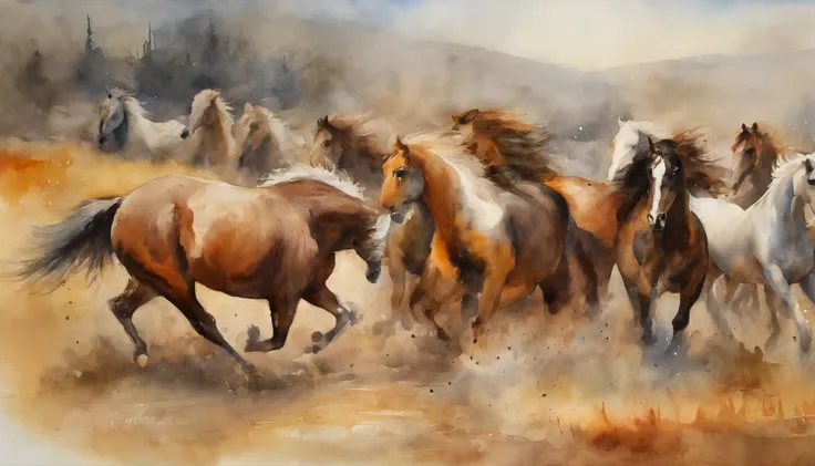 Nine horses，Nine Jun Diagram, watercolor colored painting, watercolor paiting, watercolor paiting, Watercolor painting, water color art on paper, watercolor on canvas, detailed watercolour, colorful watercolor painting, watercolour on paper, watercolor pai...