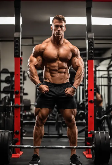 A super fit gym man, muscular physique, intense athleticism, sweaty body, strong and defined muscles, pumped up biceps, ripped abs, sculpted legs, toned chest, bulging veins, athletic wear, lifting weights, energetic workout, hardcore training, intense foc...