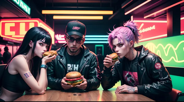 3 people eating burger in cyberpunk style. sport car on the background. neon. j vibes