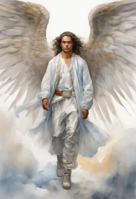 22 years old angel guy with beautiful wings ,dressed with futuristic clothes by balenciaga supreme nike adidas, clouds background, art by Velazquez