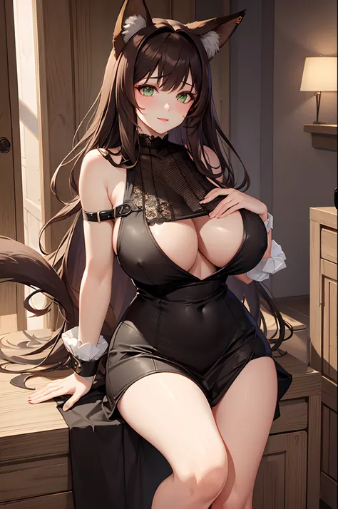 1girl, fox girl, fox ears, fox tail, dark brown hair, green eyes, sexy, mommy, thick thighs, enormous breasts, hard , sfw, dress, mature woman,