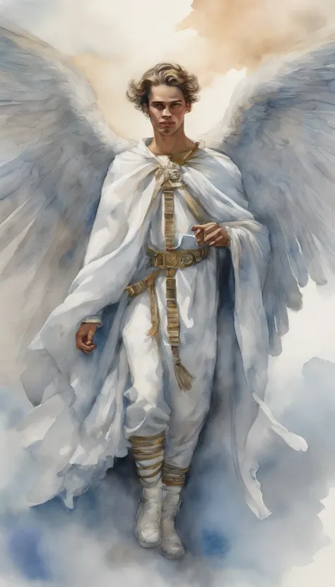 22 years old angel guy with beautiful wings ,dressed with futuristic clothes by balenciaga supreme nike adidas, clouds background, art by Velazquez