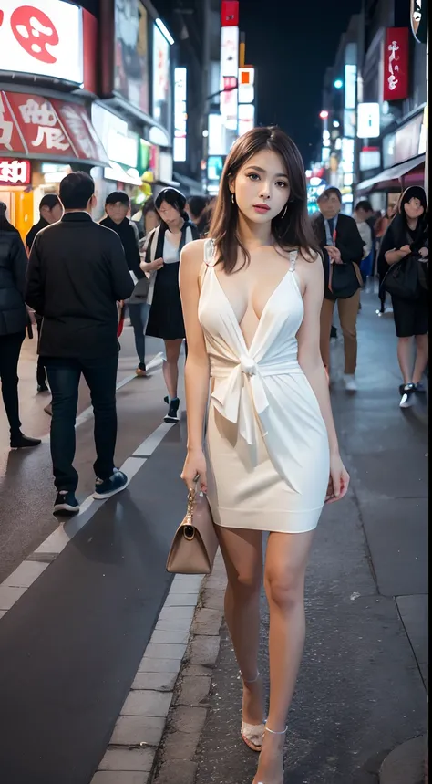 top-quality, ​masterpiece, high-detail, 16k picture quality, 细致背景, In the heart of Tokyo’s vibrant cityscape, a stunning woman between the ages of 27 and 40 elegantly adorns herself in a figure-hugging, sleeveless knit dress that accentuates her allure. Sh...