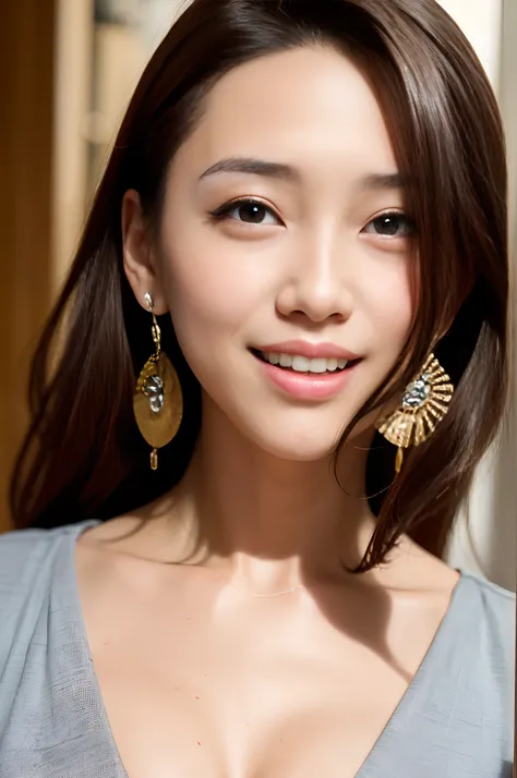 À la Fed woman posing for photo with necklace and earrings, smiling fashion model face, Gorgeous young Korean woman, Long Earings, happy fashion model face, Beautiful young Korean woman, a young asian woman, smiling fashion model, Young beautiful woman, Be...