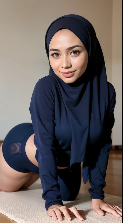 (raw photo: 1.2), top quality, beautiful detailed malay woman in hijab, underwear, smile, crawling on all fours, blue underwear,...