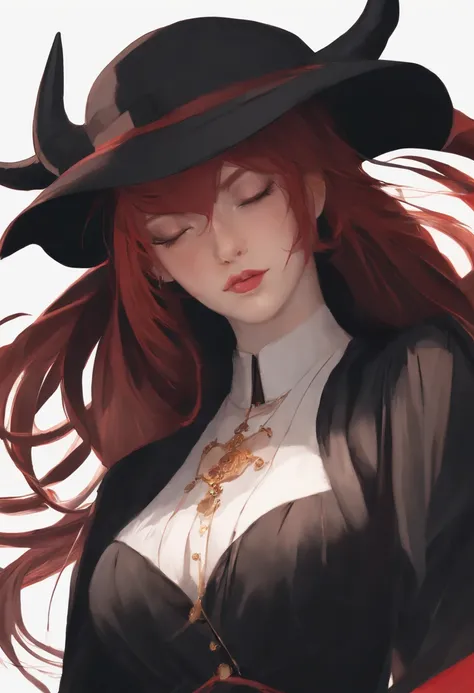 1girl, solo, horns, red hair, skirt, bangs, standing, shirt, long sleeves, black dress, hair over eyes, long hair, black headwear, hat, nun, tall