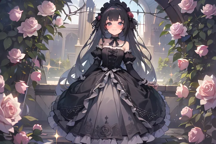 ((Masterpiece)), (High Definition:1.3), best quality, (Professional Photography, photorealistic:1.2), from below, 8K, wide shot, Textured skin, cinematic lighting, 1girl, ((Beautiful Gothic Lolita Dresses, very hoop-dress, Luxury roses embroidery)), cute i...