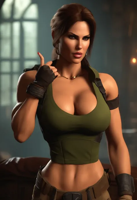 lara croft with a finger in front of her mouth asking to be quiet, with nude body, showing her belly with muscles and muscular legs bodybuilding body, (gigantic breasts: 1.6),