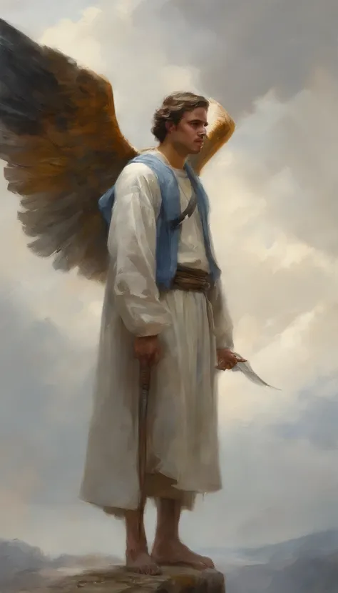 22 years old angel guy with beautiful wings ,dressed with futuristic clothes by balenciaga supreme nike adidas, clouds background, art by Velazquez,  oil painting by Ed Blinkey, Atey Ghailan, Estudio Ghibli, por Jeremy Mann, Greg Manchess, Antonio Moro, te...