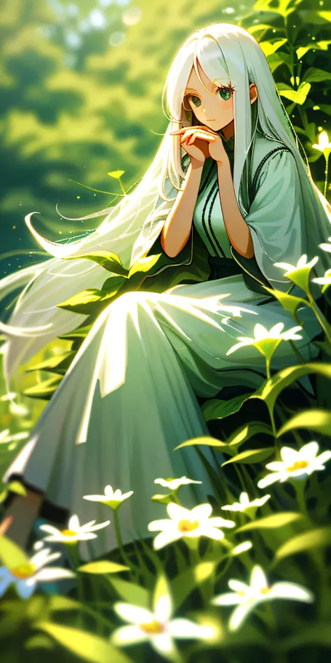 (masterpiece, best quality),1girl with long white hair sitting in a field of green plants and flowers, her hand under her chin, warm lighting, white dress, blurry foreground