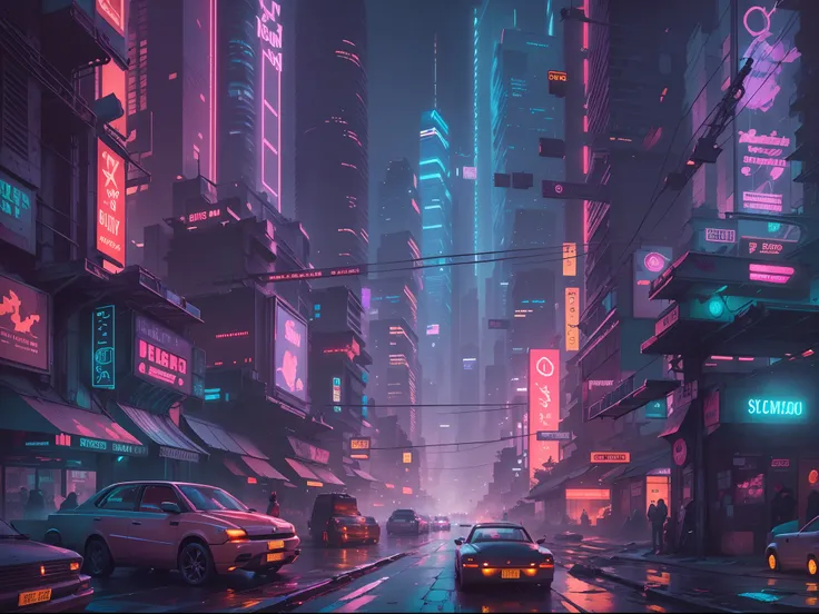 Cyberpunk cityscape with towering skyscrapers, neon signs, and flying cars.