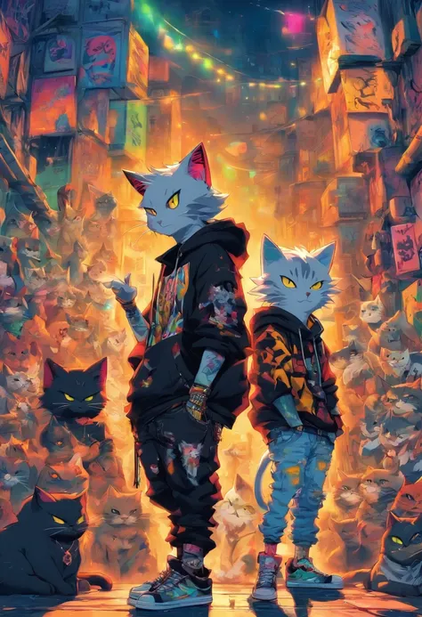 2 cool and trendy cats talking to each other, white hair, yellow eyes, wearing trendy hip hop clothing, wearing a hoodie, graphic t-shirt and torn jeans, tons of tattoos and piercings, graffiti style background, highly detailed background, perfect masterpi...