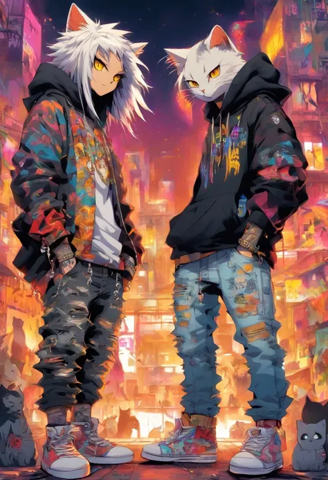 2 cool and trendy cats talking to each other, white hair, yellow eyes, wearing trendy hip hop clothing, wearing a hoodie, graphic t-shirt and torn jeans, tons of tattoos and piercings, graffiti style background, highly detailed background, perfect masterpi...