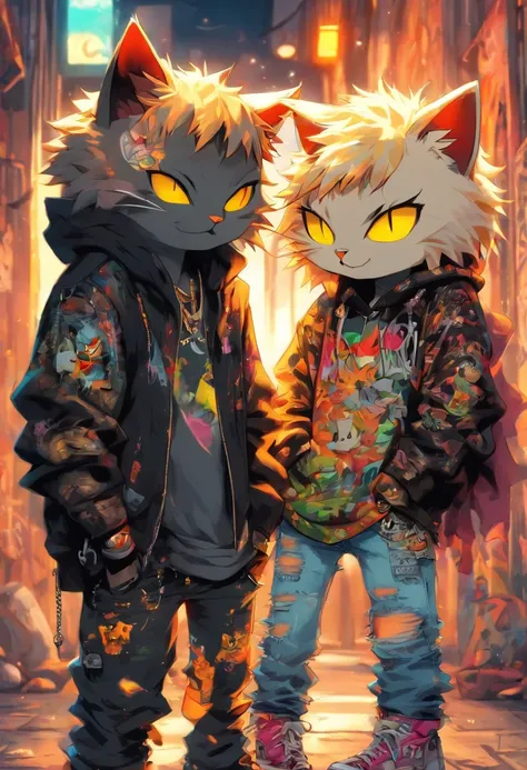 2 cool and trendy cats talking to each other, white hair, yellow eyes, wearing trendy hip hop clothing, wearing a hoodie, graphic t-shirt and torn jeans, tons of tattoos and piercings, graffiti style background, highly detailed background, perfect masterpi...