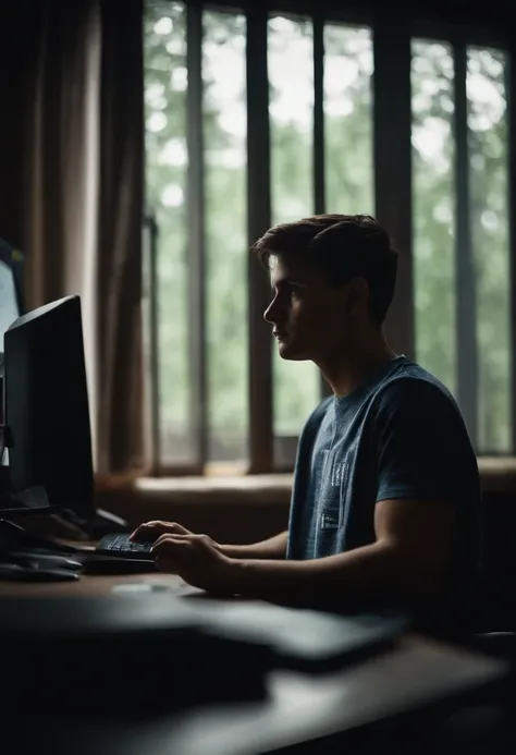 a guy sitting behind his desk behind a computer screen working,  in a dark room, with a tshirt on. the photo is shot behind the boy, make it super realistic, the photo is taking from behind the subject