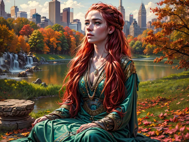fantasy art, photorealistic, D&D art, a picture of a female monk sitting and meditating in Central Park New York in autumn, there is a human woman monk wearing monk garbs, meditating at Central Park New York, red hair, long hair, full body (best Detailed, ...