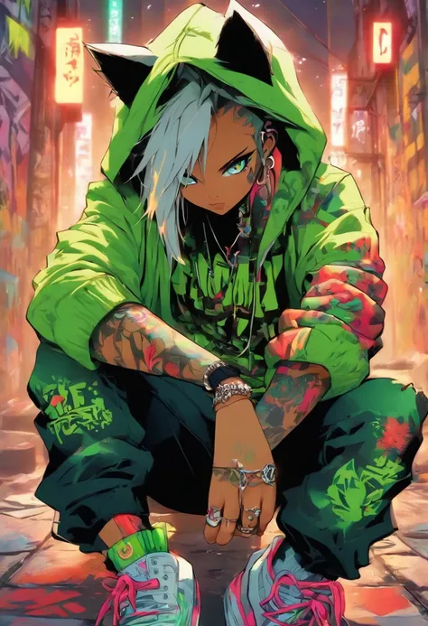 A cool and trendy cat, platinum hair, green eyes, wearing trendy hip hop clothing, wearing a hoodie, graphic t-shirt and torn jeans, tons of tattoos and piercings, graffiti style background, highly detailed background, perfect masterpiece, high quality, hi...