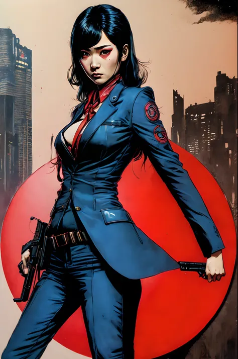 art by katsuya terada, art by range murata, art by akiman, art by JUNNY, Full body shot portrait of cute slender Young Japanese hit girl, Battle Scars, Realistic skin texture, Few moderate moles, wearing a suit, hold a gun, Red Circle nightclub in San Dieg...