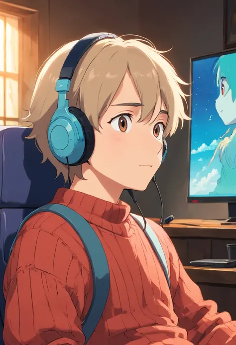 Theres a man with headphones and a sweater sitting in a chair, con auriculares, foto de perfil 1024px, Usar auriculares, con auriculares, 8k selfie photograph, Foto de perfil de la foto de cabeza, imagen frontal, anime drawing style, absurdres, high res, u...