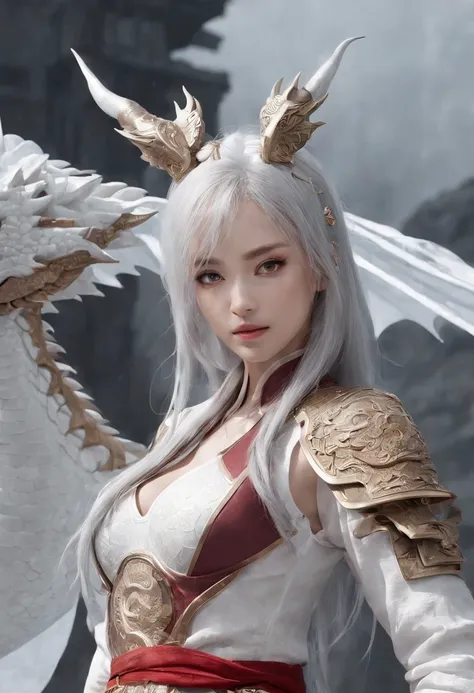 Cirilla Fiona Elen Riannon，Excellent picture quality，Outstanding details，超高分辨率，（Fidelity：1.4）, Prioritize details，Split close-up，Ride the dragon，High-tech robot dragon knight，He has a gentle and beautiful face，（（Blue and white flying semi-mechanical fusela...