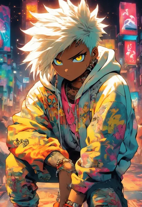 A cool and trendy cat, white hair, yellow eyes, wearing trendy hip hop clothing, wearing a hoodie, graphic t-shirt and torn jeans, tons of tattoos and piercings, graffiti style background, highly detailed background, perfect masterpiece, high quality, high...