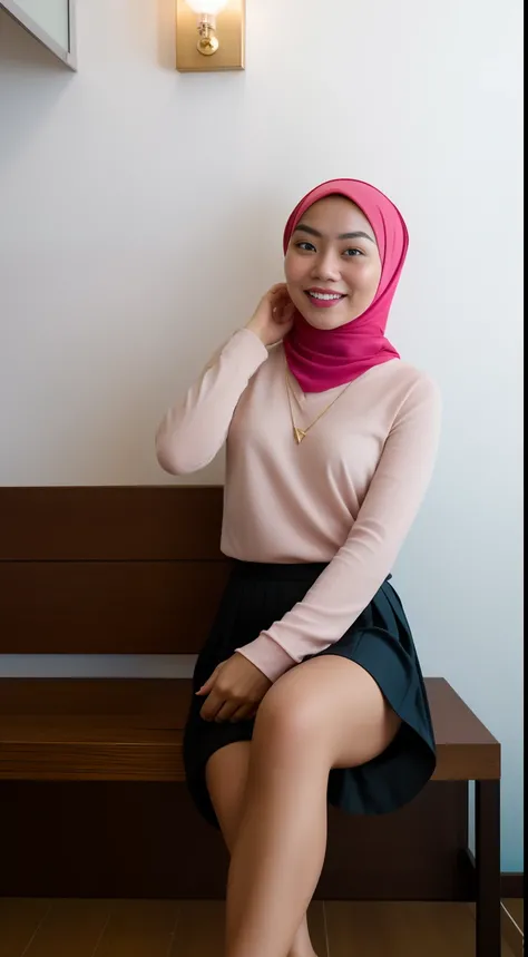 Malay girl  with hijab Seatting With Toes Pointed in hipster cafe, happy, smiling, nighttime, wearing turquoise small tight tops and pleated short skirt, pink sneakers,  professional lighting, blur background, cool ambient, bokeh, slim abs, small breast, s...